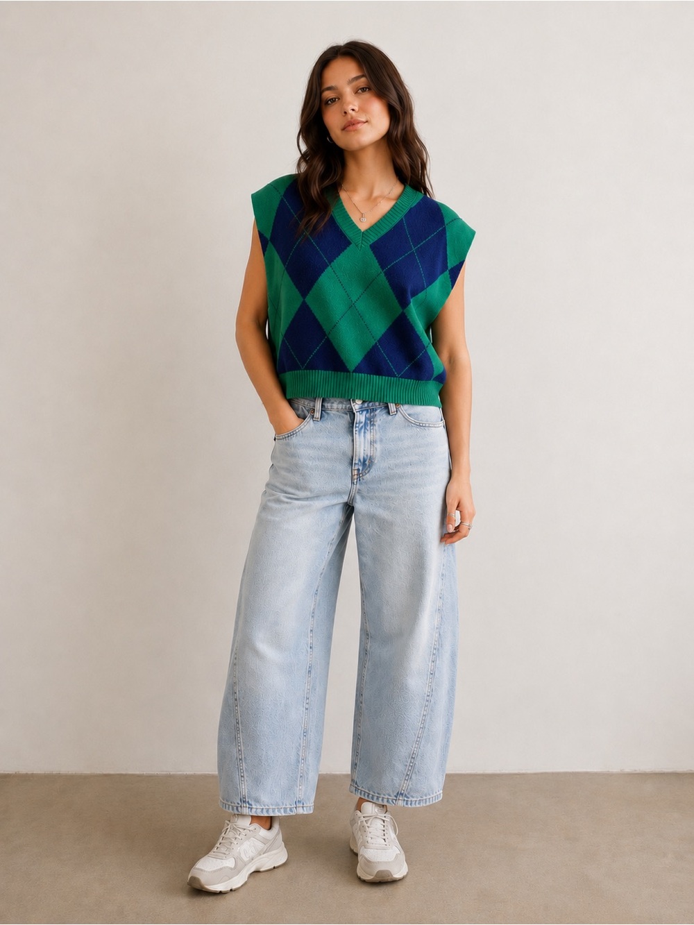 Cider Argyle Sweater Vest Green Navy Preppy Y2K V-Neck Size Large
